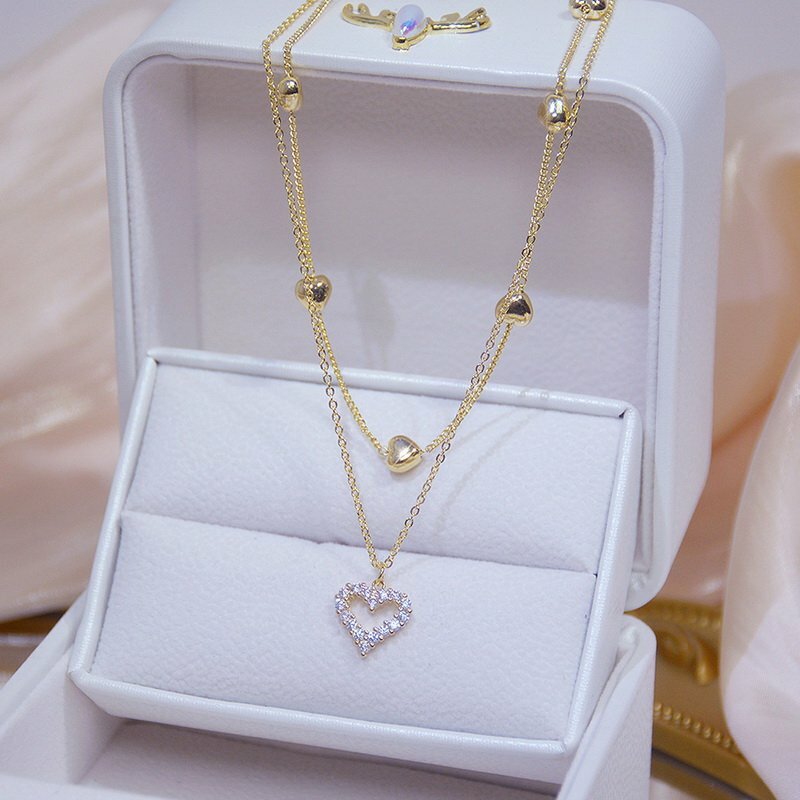 14k Gold Double Layer Zircon Heart Pendant Necklace Women Clavicle Chain Gifts 14k Gold Double Layer Zircon Heart Pendant Necklace Women Clavicle Chain Gifts