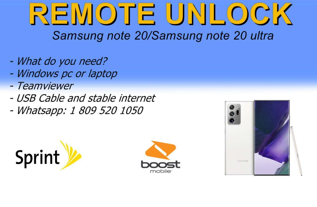 Remote Unlock Service SAMSUNG NOTE 20/NOTE 20 ULTRA SPRINT/BOOST Remote Unlock Service SAMSUNG NOTE 20/NOTE 20 ULTRA SPRINT/BOOST