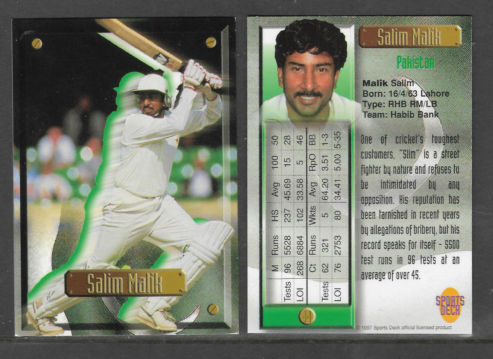 SALIM MALIK (Pakistan) 1997 South Africa SPORTS DECK CRICKET CARD #44