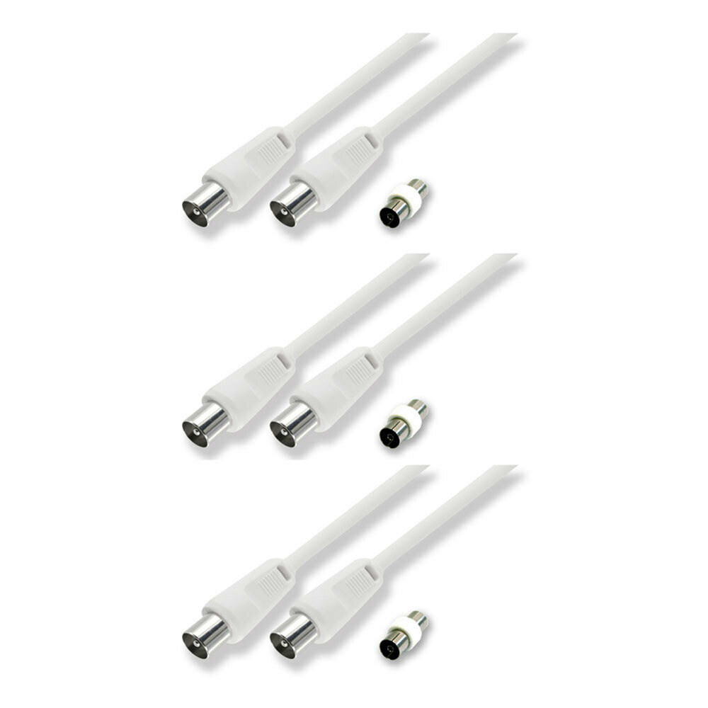 3x Sansai 3m M to Male Antenna Flylead TV Coaxial Cable w/ Female Adaptor White 3x Sansai 3m M to Male Antenna Flylead TV Coaxial Cable w/ Female Adaptor White
