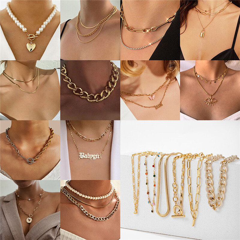 Women Multilayer Gold Long Chain Pendant Crystal Necklace Choker Collar Jewelry Women Multilayer Gold Long Chain Pendant Crystal Necklace Choker Collar Jewelry