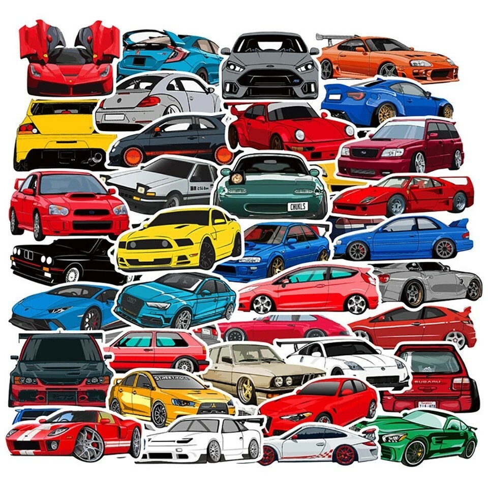 Sports Car Cartoon Stickers Packs of 3/6/9 Die Cut Laptop and Skateboard Sticker Sports Car Cartoon Stickers Packs of 3/6/9 Die Cut Laptop and Skateboard Sticker