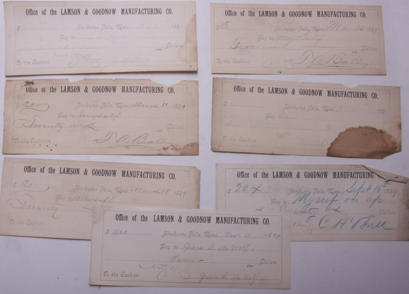 1899 Lamson Goodnow (6) Signed Pay Vouchers Antique Hand Written Ephemera C28-32 1899 Lamson Goodnow (6) Signed Pay Vouchers Antique Hand Written Ephemera C28-32
