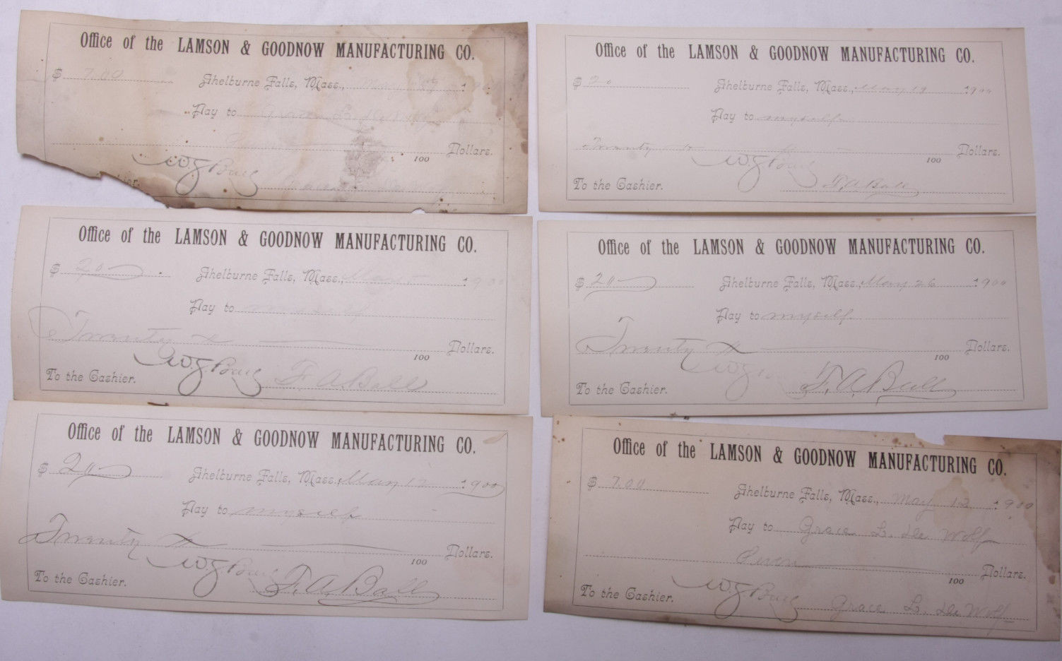 1900 Lamson Goodnow (6) Signed Pay Vouchers Antique Hand Written Ephemera C28-33 1900 Lamson Goodnow (6) Signed Pay Vouchers Antique Hand Written Ephemera C28-33