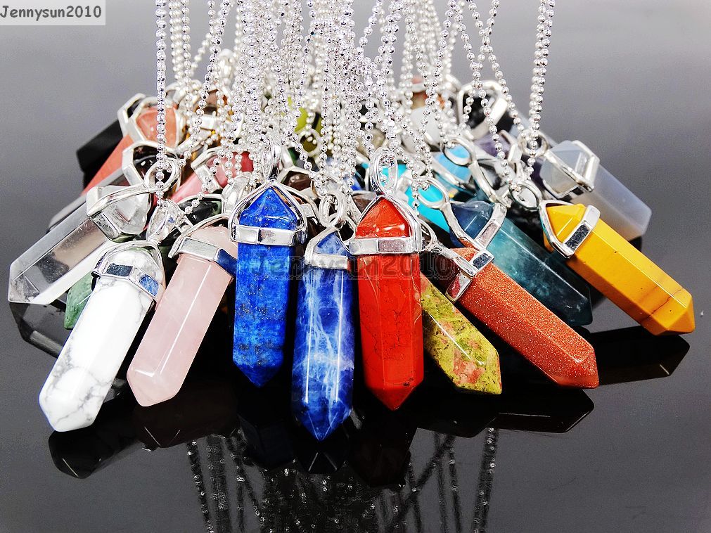 Natural Gemstones Hexagonal Pointed Reiki Chakra Pendant 18K Silver Necklace Natural Gemstones Hexagonal Pointed Reiki Chakra Pendant 18K Silver Necklace