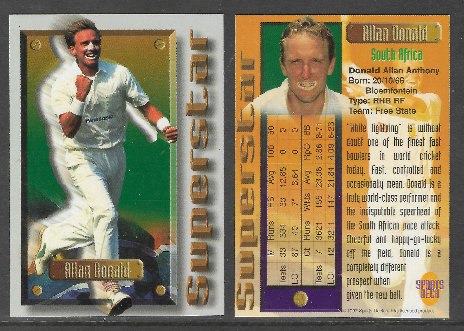 ALLAN DONALD (S Africa) 1997 South Africa SPORTS DECK CRICKET SUPERSTAR CARD #53 ALLAN DONALD (S Africa) 1997 South Africa SPORTS DECK CRICKET SUPERSTAR CARD #53