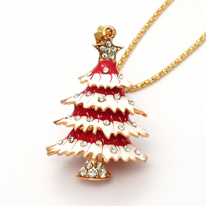 Red Enamel 3D Christmas Tree Crystal Pendant Jewelry Fashion Chain Necklace Gift
