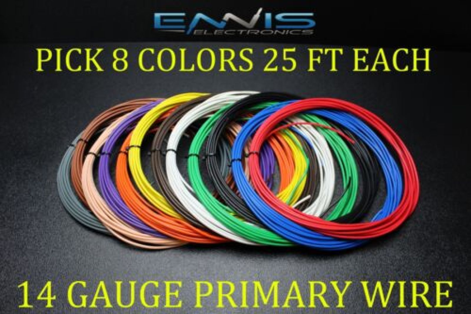 14 GAUGE WIRE ENNIS ELECTRONICS 25 FT EACH PRIMARY CABLE AWG COPPER CLAD 8 ROLLS 14 GAUGE WIRE ENNIS ELECTRONICS 25 FT EACH PRIMARY CABLE AWG COPPER CLAD 8 ROLLS