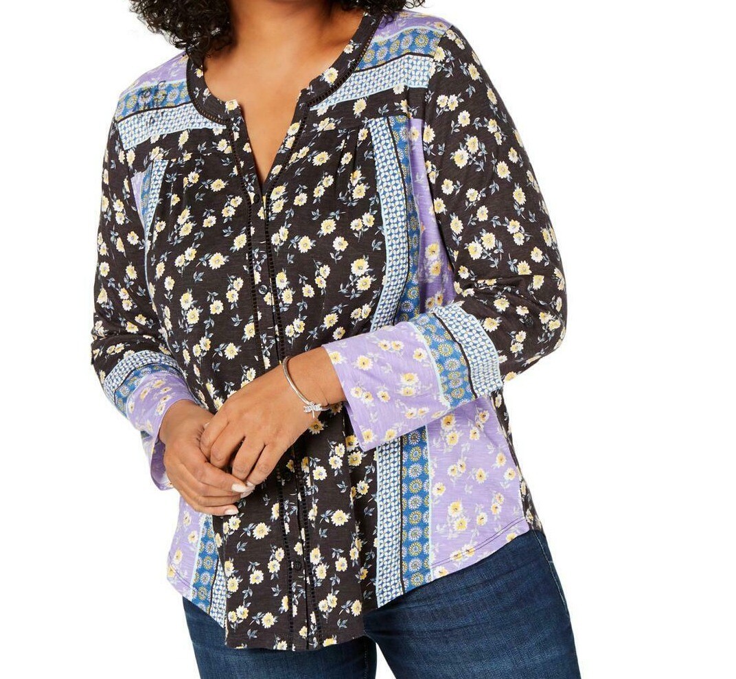 Style & Co. Women’s Top Black Size 3X Plus Floral Roll-Tab Button Up $49 #101