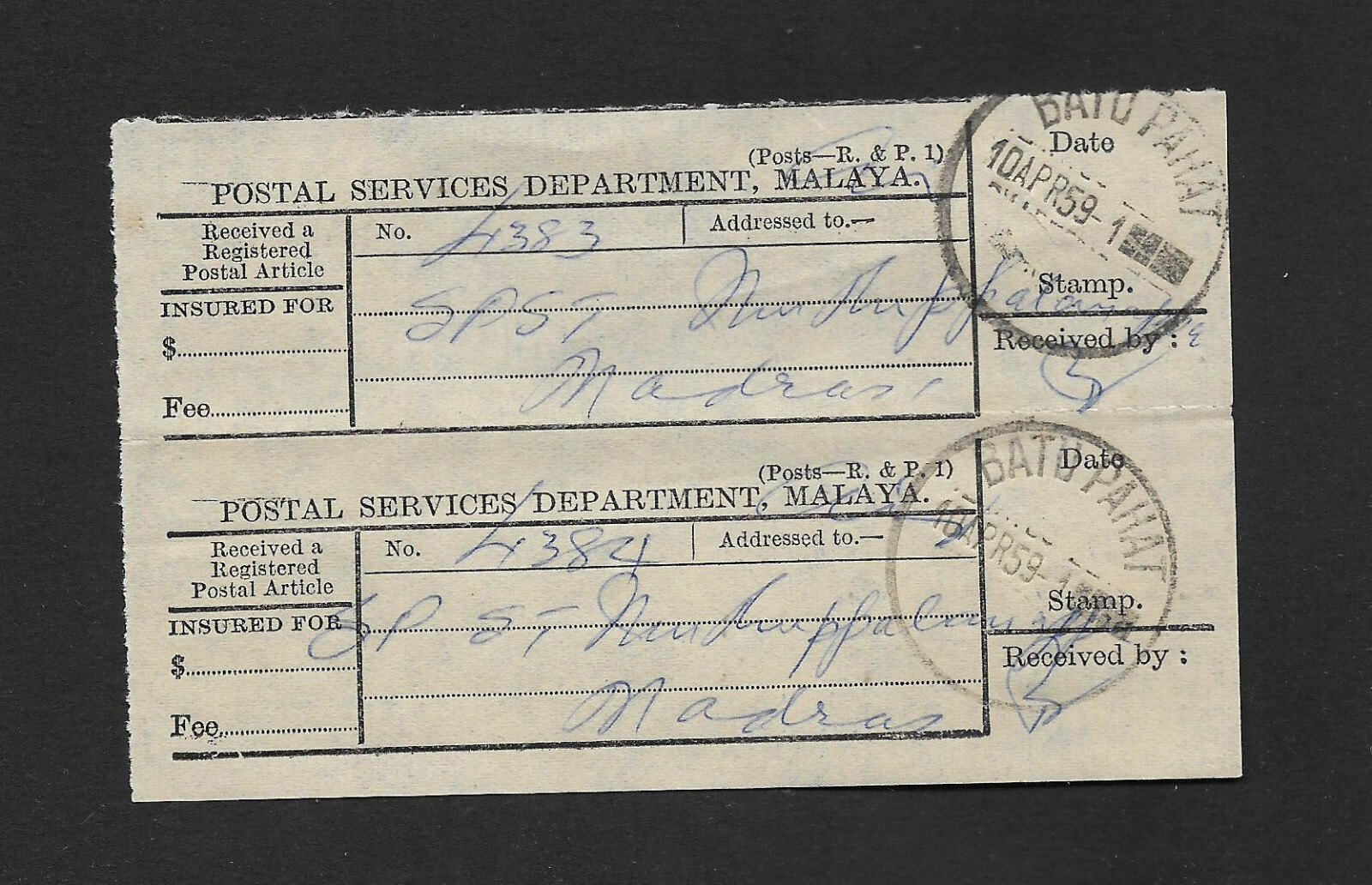 Malaya used Batu Pahat 1959 Postal Services Department x 2