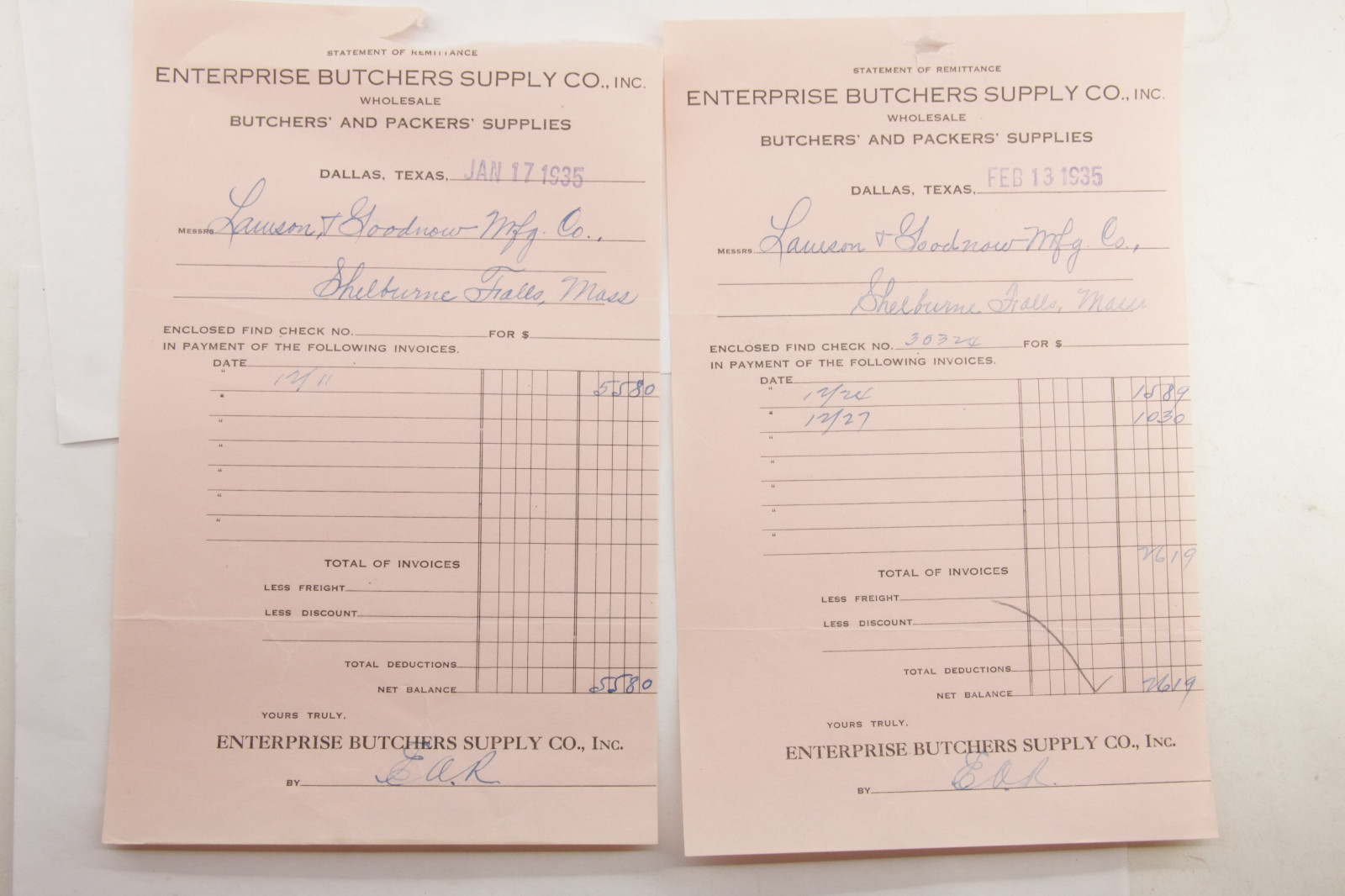 1935 Lamson Goodnow Enterprise Butchers Supply Dallas TX Vouchers Ephemera P767G 1935 Lamson Goodnow Enterprise Butchers Supply Dallas TX Vouchers Ephemera P767G