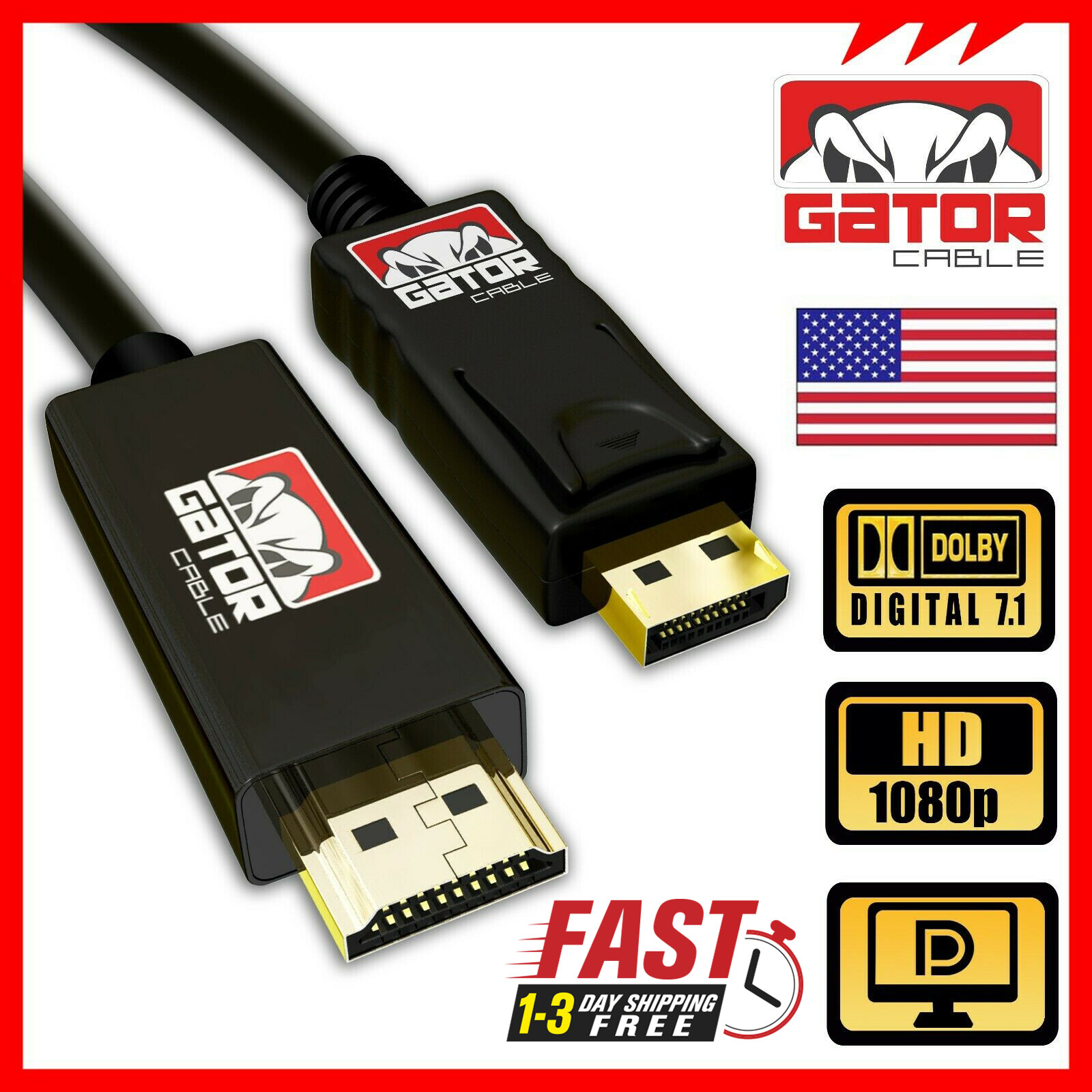 DisplayPort to HDMI Cable Cord Adapter Audio Video PC HD 1080P 60Hz 18Gbps 10FT DisplayPort to HDMI Cable Cord Adapter Audio Video PC HD 1080P 60Hz 18Gbps 10FT