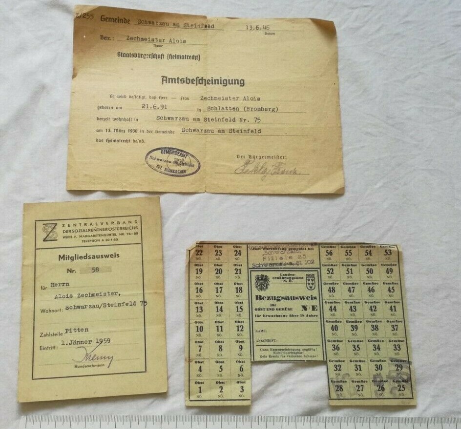 1946 AUSTRIA OSTERREICH WIEN WWII LOT COUPON VOUCHER Schwarzau Steinfeld AUSWEIS