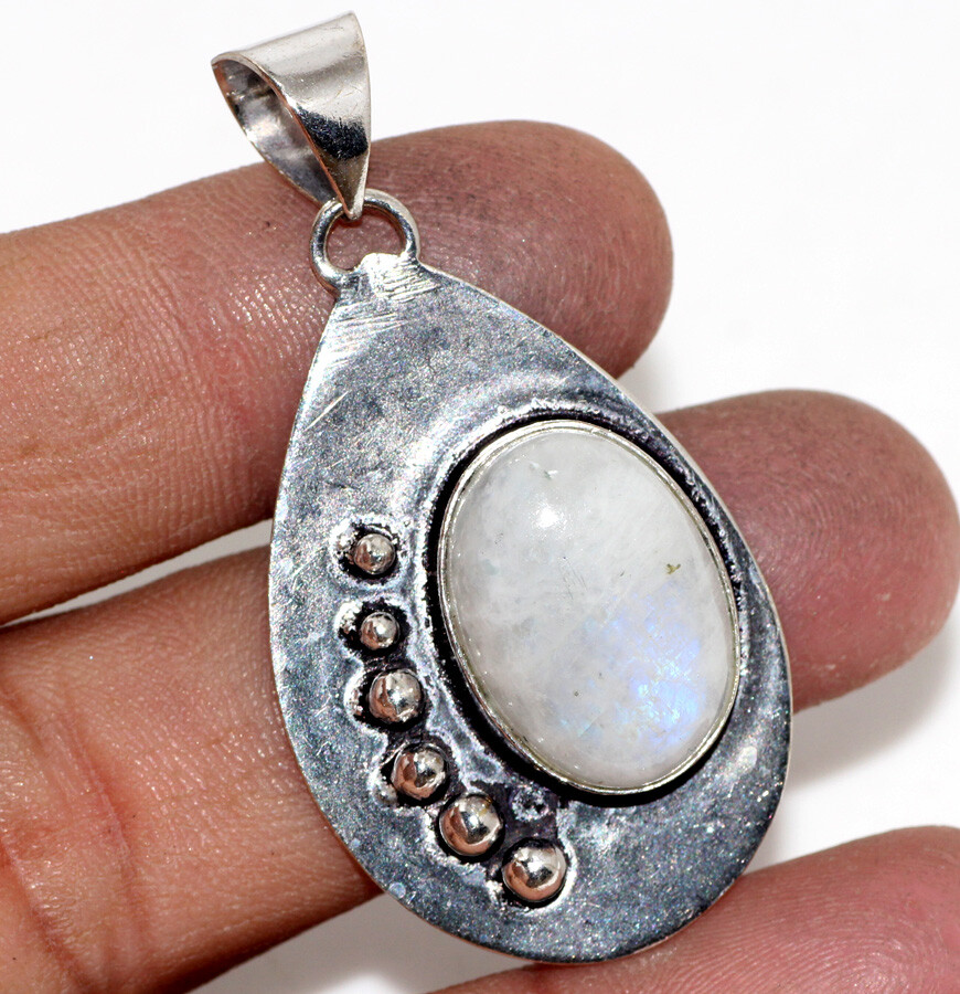 Rainbow Moonstone 925 Silver Plated Gemstone Handmade Pendant 2″ Jewelry GW Rainbow Moonstone 925 Silver Plated Gemstone Handmade Pendant 2″ Jewelry GW