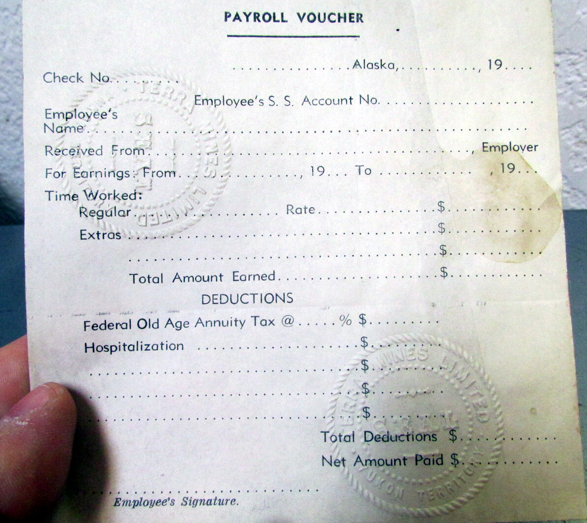 Vintage early 1900s Payroll Voucher Terra Mines Yukon Territory Canada, unique! Vintage early 1900s Payroll Voucher Terra Mines Yukon Territory Canada, unique!