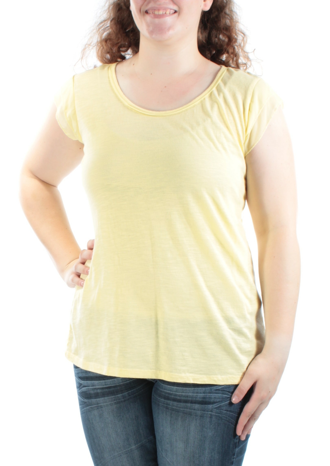 STYLE & COMPANY Womens New 1574 Yellow Jewel Neck Short Sleeve Tunic Top L B+B