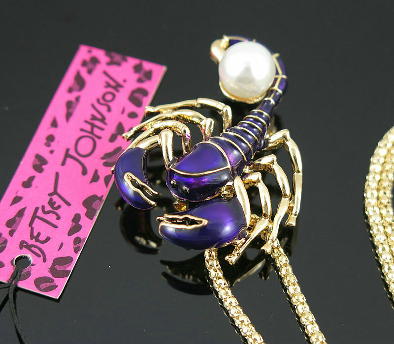 New Betsey Johnson pearl Purple Enamel Scorpion Pendant Sweater Necklace Chain New Betsey Johnson pearl Purple Enamel Scorpion Pendant Sweater Necklace Chain