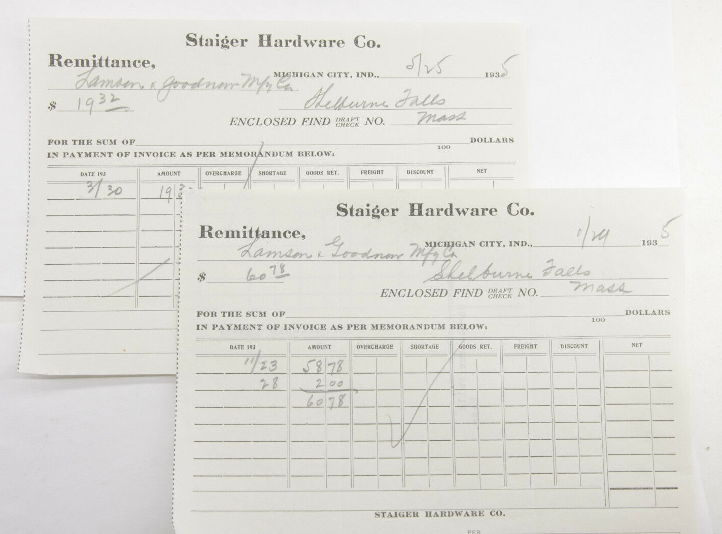 1935 Lamson Goodnow Staiger Hardware Co Michigan City IN Vouchers Ephemera P771F 1935 Lamson Goodnow Staiger Hardware Co Michigan City IN Vouchers Ephemera P771F