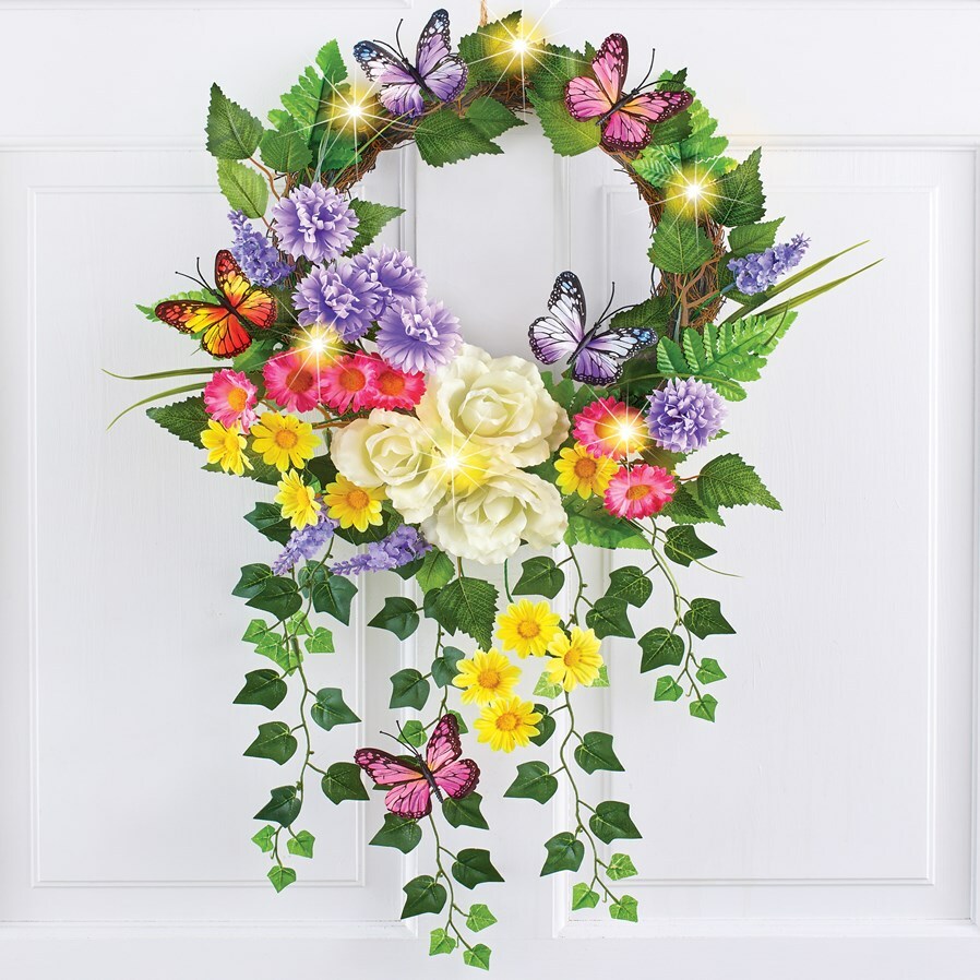 Lighted Spring Flowers with Cascading Ivy & Butterflies Home Door Wreath Lighted Spring Flowers with Cascading Ivy & Butterflies Home Door Wreath