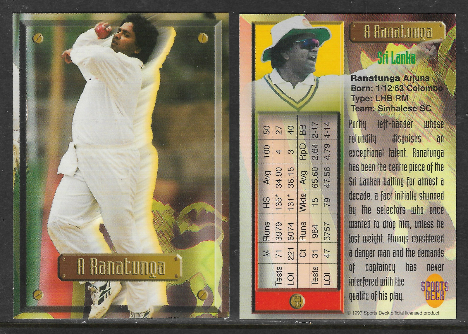 ARJUNA RANATUNGA (Sri Lanka) 1997 South Africa SPORTS DECK CRICKET CARD #52 ARJUNA RANATUNGA (Sri Lanka) 1997 South Africa SPORTS DECK CRICKET CARD #52