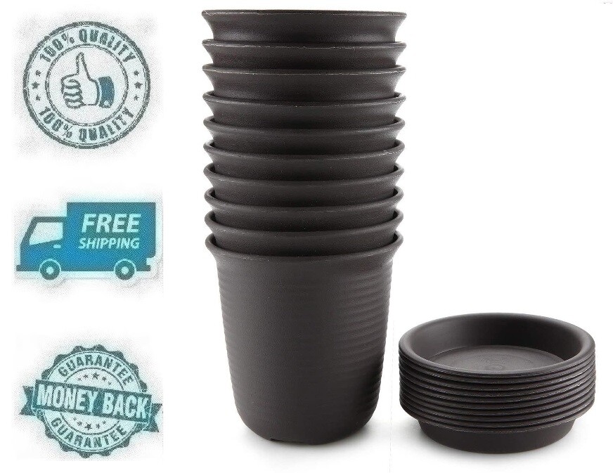New 10pc Dark Grey Plastic Round Plant Pots Flower Garden Planter w/ Tray 5.9″ New 10pc Dark Grey Plastic Round Plant Pots Flower Garden Planter w/ Tray 5.9″
