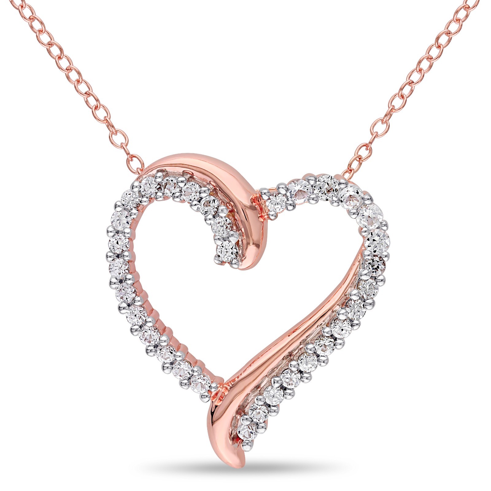 Pink Sterling Silver 3/4 ct TGW White Sapphire Heart Pendant Necklace 18″ Pink Sterling Silver 3/4 ct TGW White Sapphire Heart Pendant Necklace 18″
