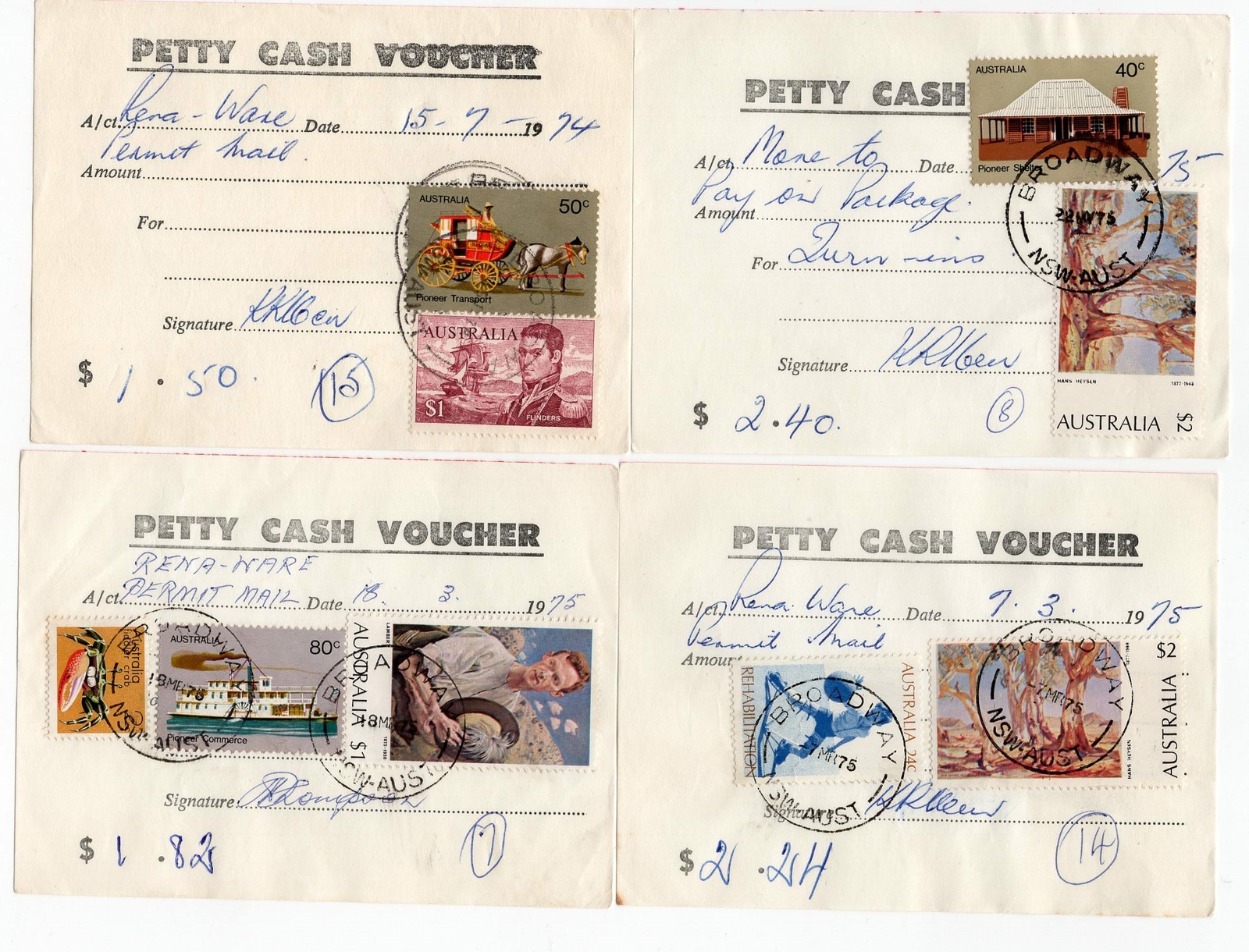 Australia Post 4 x BROADWAY Petty Cash Vouchers circa 1975 Australia Post 4 x BROADWAY Petty Cash Vouchers circa 1975