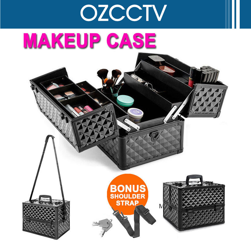 Makeup Cosmetic Case Organiser Box Diamond Black Pro Portable Beauty w/ Strap