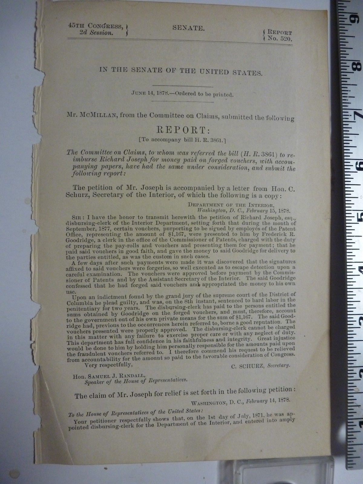 Government Report 1878 Committee On Claims For Forged Vouchers, #3139 Government Report 1878 Committee On Claims For Forged Vouchers, #3139