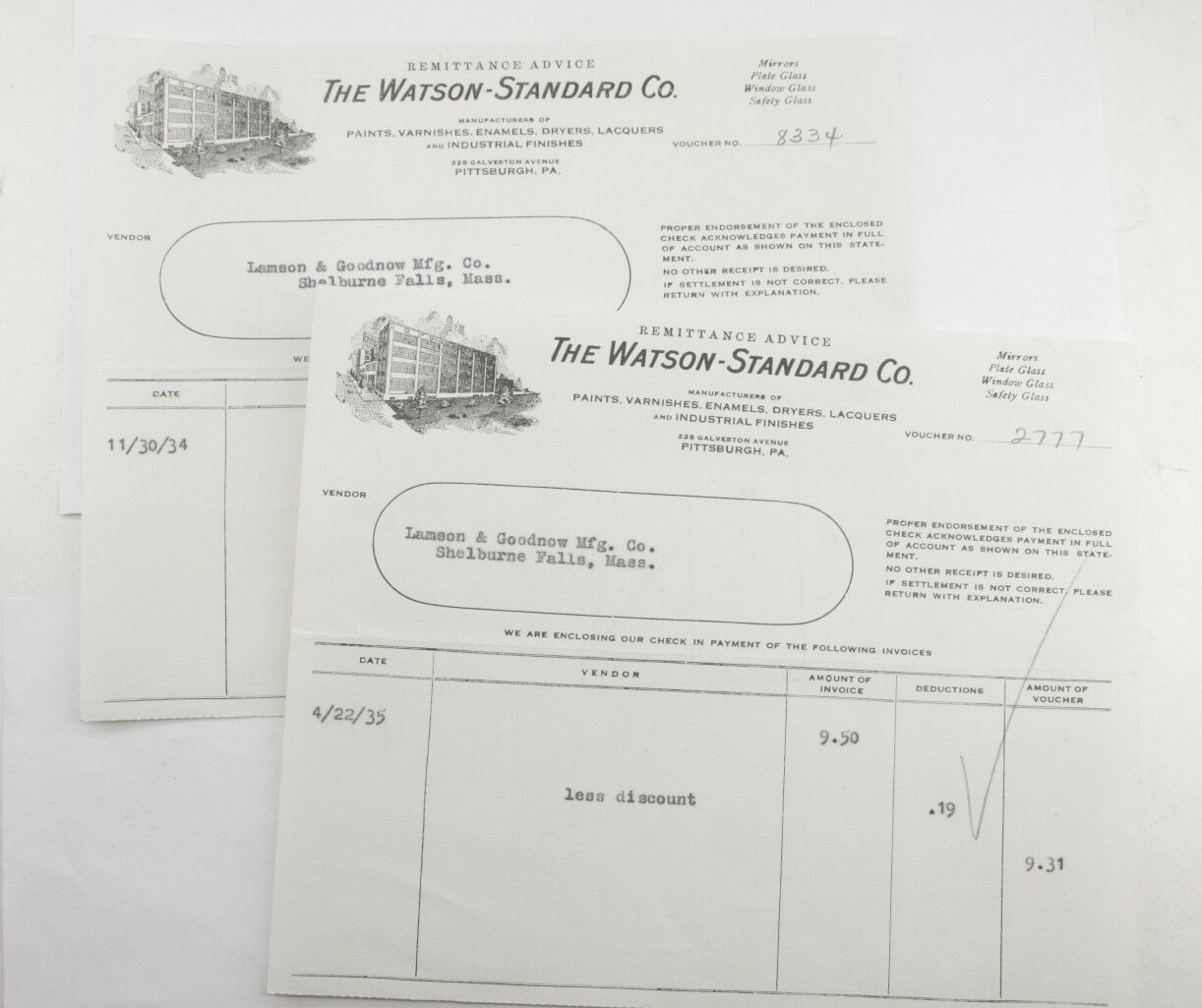 1935 Lamson Goodnow Watson Standard Co Pittsburgh PA Pay Vouchers Ephemera P770H 1935 Lamson Goodnow Watson Standard Co Pittsburgh PA Pay Vouchers Ephemera P770H