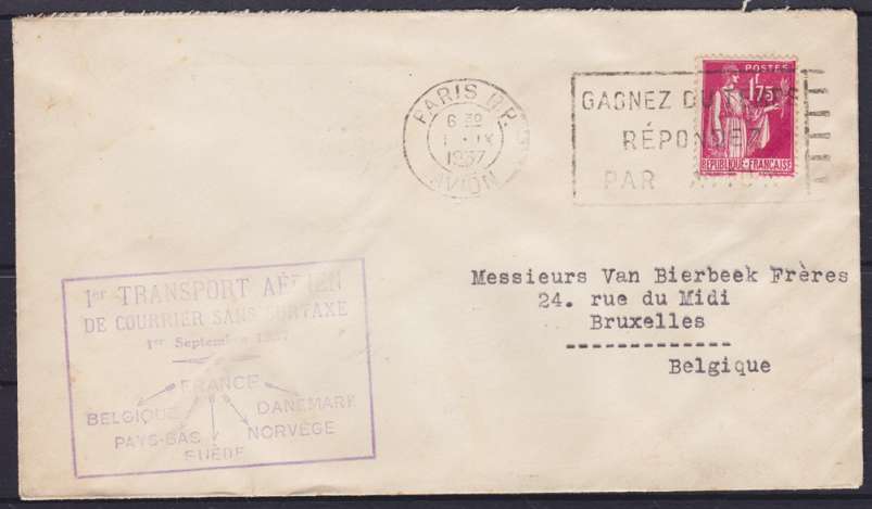 France Airmail Voucher 1937 1. Transport Courrier Sans Surtaxe Paris Brussels