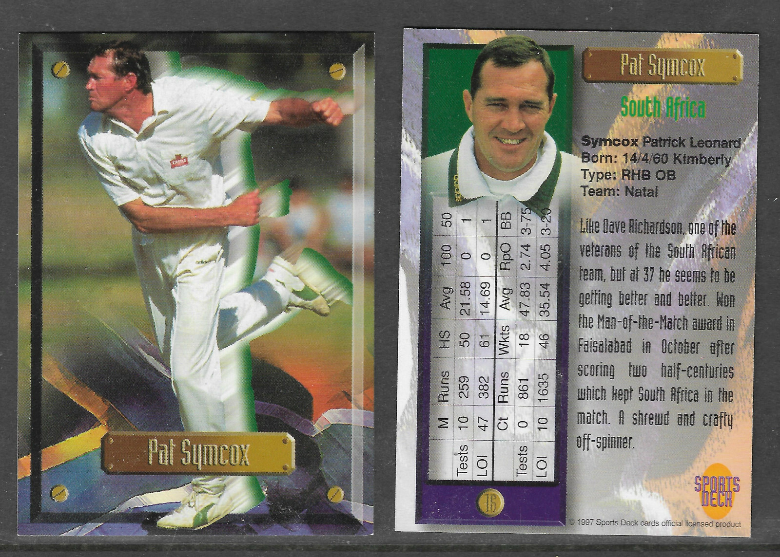 PAT SYMCOX (South Africa) 1997 South Africa SPORTS DECK CRICKET CARD #16 PAT SYMCOX (South Africa) 1997 South Africa SPORTS DECK CRICKET CARD #16