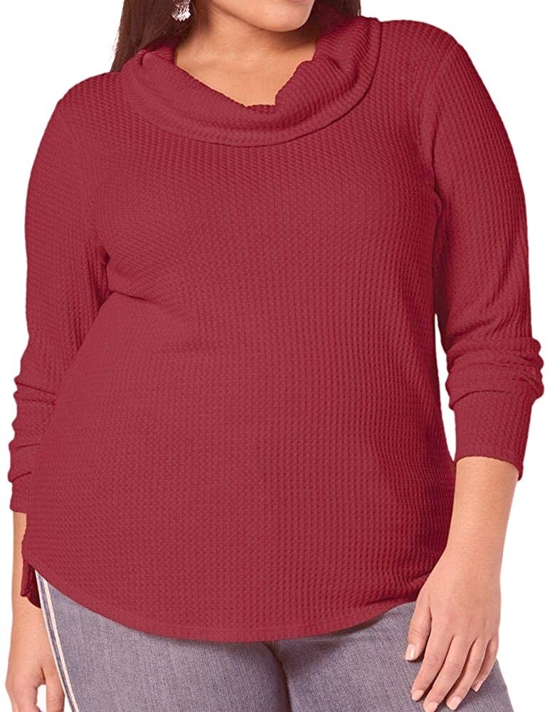 Style & Co. Women’s Top Red Size 1X Plus Waffle-Knit Cowl Neck Thermal $44 #088
