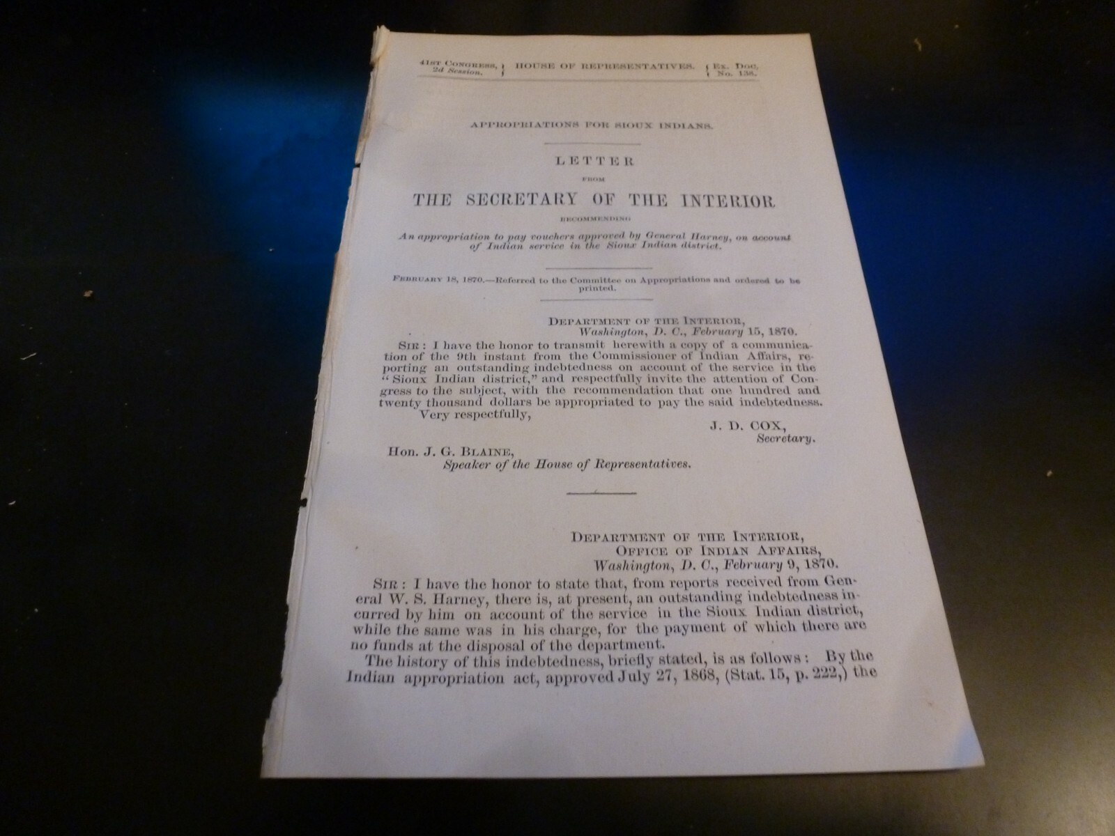 Government Report 1870 Appropriations For Pay Vouchers Gen Harney Sioux Indians Government Report 1870 Appropriations For Pay Vouchers Gen Harney Sioux Indians