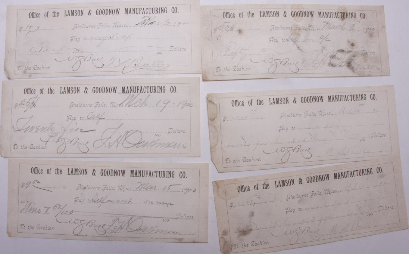 1900 Lamson Goodnow (6) Signed Pay Vouchers Antique Hand Written Ephemera C28-1 1900 Lamson Goodnow (6) Signed Pay Vouchers Antique Hand Written Ephemera C28-1