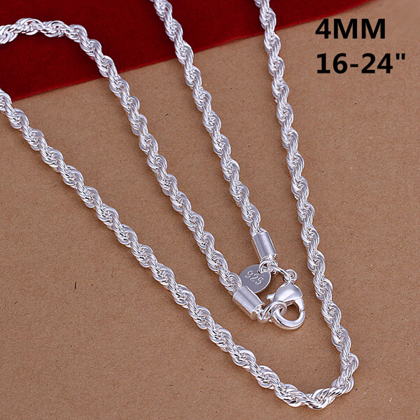 Fashion 925sterling Solid Silver 4MM Snake Rope Chain Men Necklace 16-24 inch
