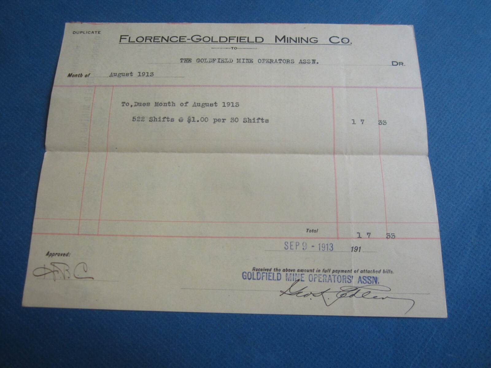 Old 1913 – FLORENCE GOLDFIELD MINING Co. – Voucher Document – NEVADA Old 1913 – FLORENCE GOLDFIELD MINING Co. – Voucher Document – NEVADA