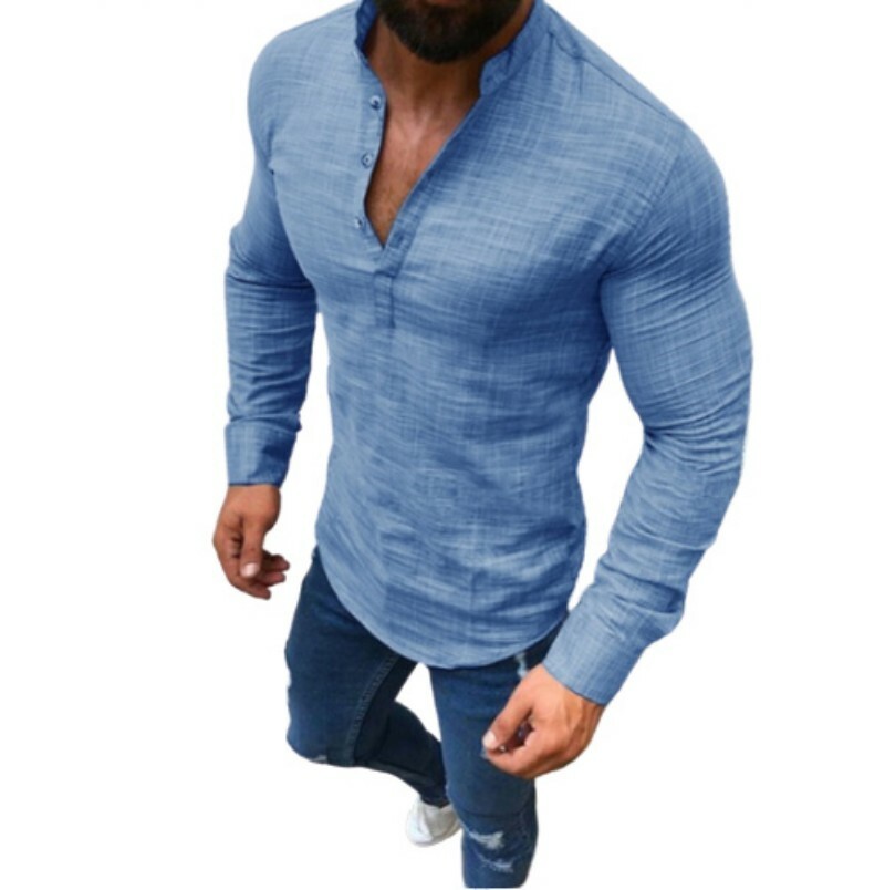 Mens Cotton Linen Top T-Shirt Casual V Neck Slim Fit Western Style Long sleeve B Mens Cotton Linen Top T-Shirt Casual V Neck Slim Fit Western Style Long sleeve B