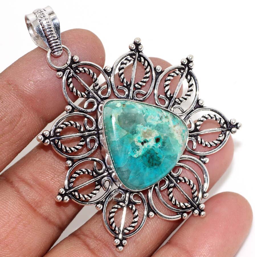 Chrysocolla 925 Silver Plated Gemstone Handmade Pendant 2.8″ Gift Jewelry GW Chrysocolla 925 Silver Plated Gemstone Handmade Pendant 2.8″ Gift Jewelry GW