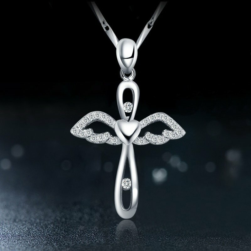 925 Silver Crystal Angle Wing Cross Pendant Necklace Women Valentine’s Day Gifts 925 Silver Crystal Angle Wing Cross Pendant Necklace Women Valentine’s Day Gifts