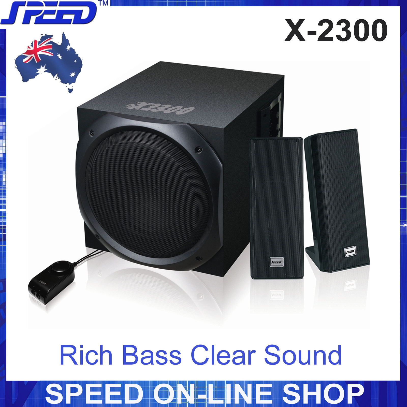SPEED X-2300 2.1 CH Speaker System for Desktop PC, MP3, iPad, iPhone – (AC 240V) SPEED X-2300 2.1 CH Speaker System for Desktop PC, MP3, iPad, iPhone – (AC 240V)