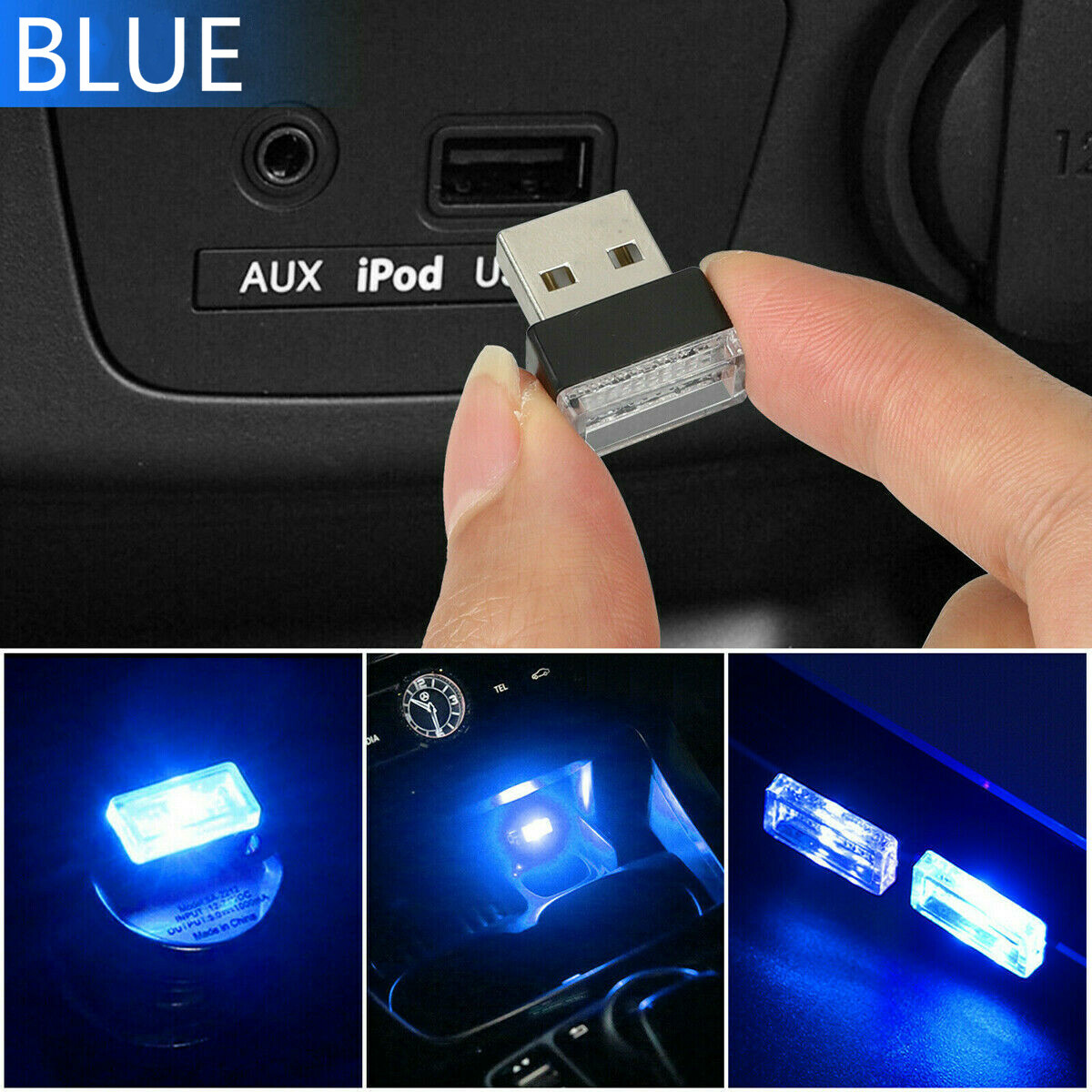 2X Blue USB LED Car Interior Light Neon Atmosphere Ambient Lamp Bulb Accessories