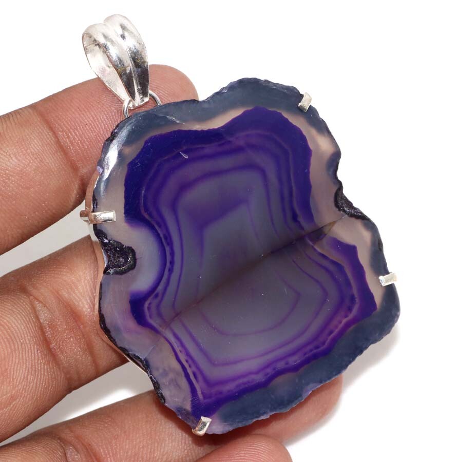 Agate Geode Slice 925 Silver Plated Handmade Pendant 2.5″ Jewelry GW Agate Geode Slice 925 Silver Plated Handmade Pendant 2.5″ Jewelry GW