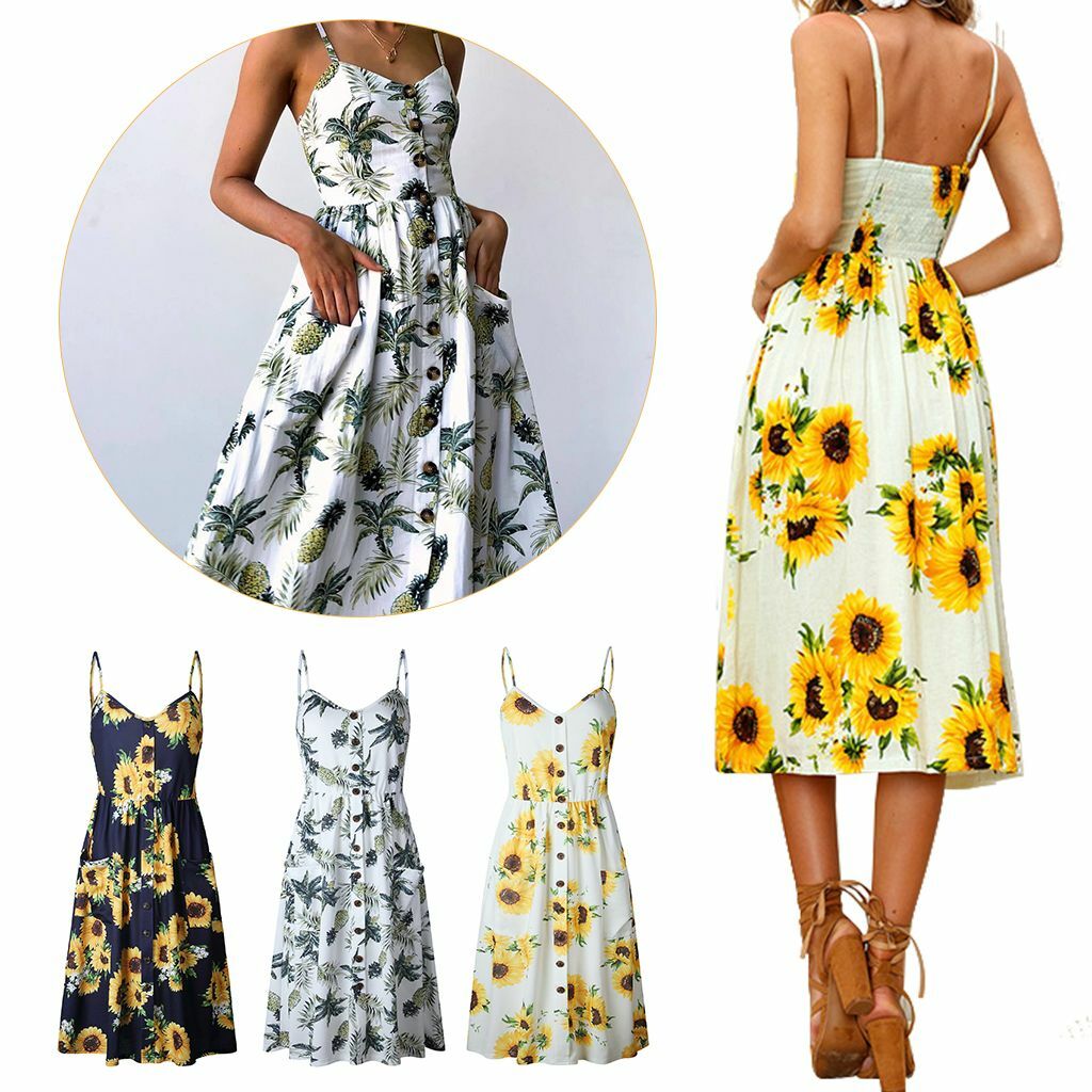 Women Summer Sunflower Print Strap Boho Sling Sexy Sundress Long Dress S/M/L/XL Women Summer Sunflower Print Strap Boho Sling Sexy Sundress Long Dress S/M/L/XL