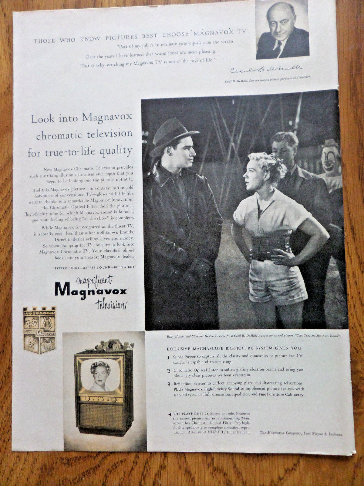 1953 Magnavox TV Television Ad Movie Hollywood Stars Hutton & Heston 1953 Magnavox TV Television Ad Movie Hollywood Stars Hutton & Heston