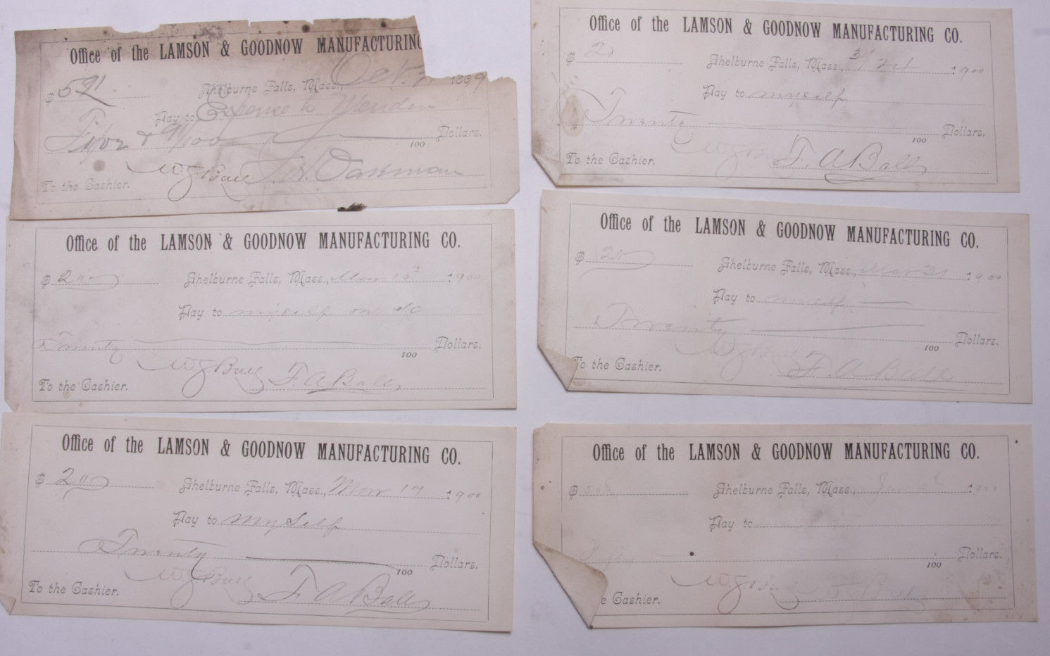 1900 Lamson Goodnow (6) Signed Pay Vouchers Antique Hand Written Ephemera C28-2 1900 Lamson Goodnow (6) Signed Pay Vouchers Antique Hand Written Ephemera C28-2