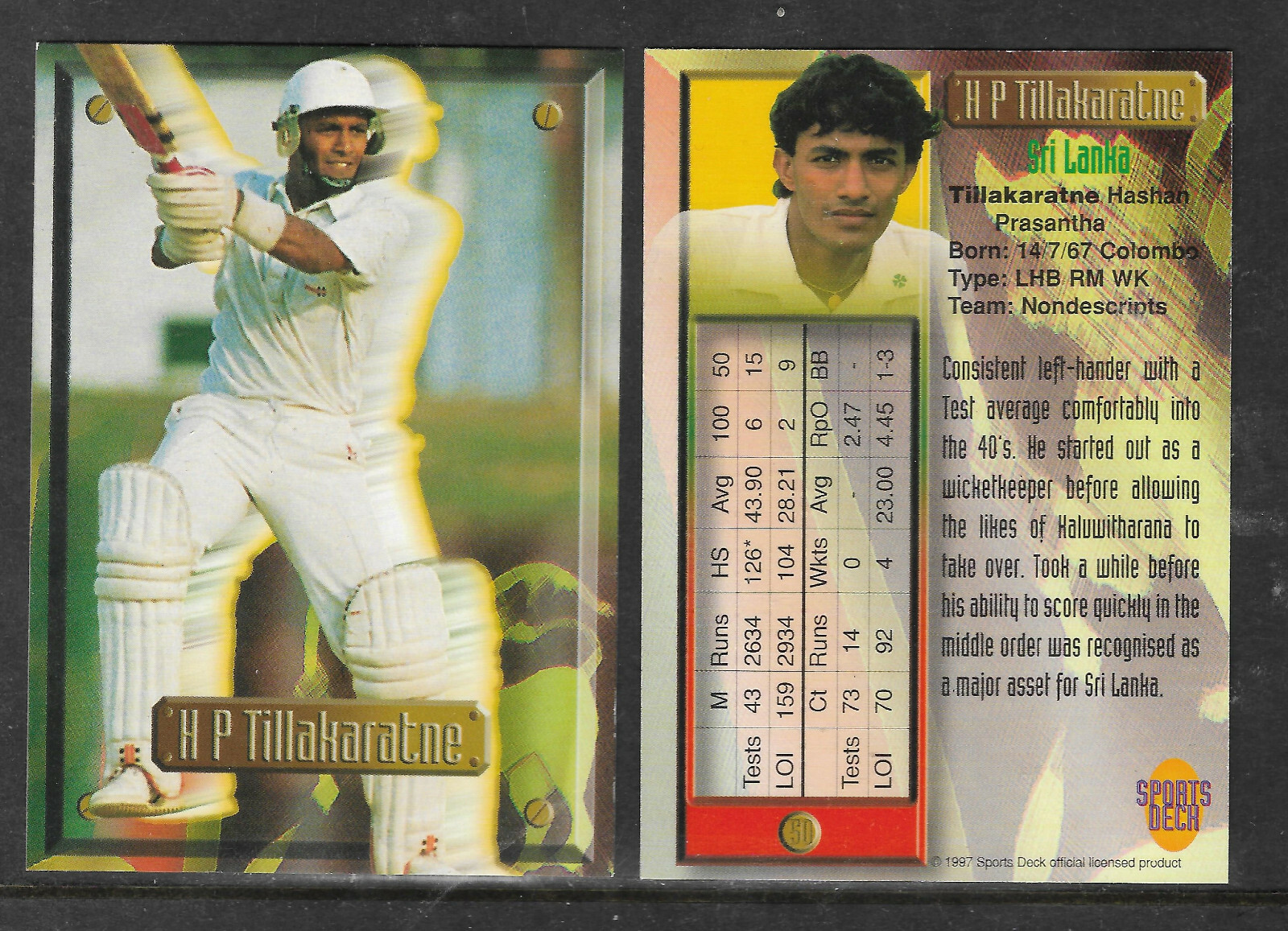 Hashan Tillakaratne (Sri Lanka) 1997 South Africa SPORTS DECK CRICKET CARD #50