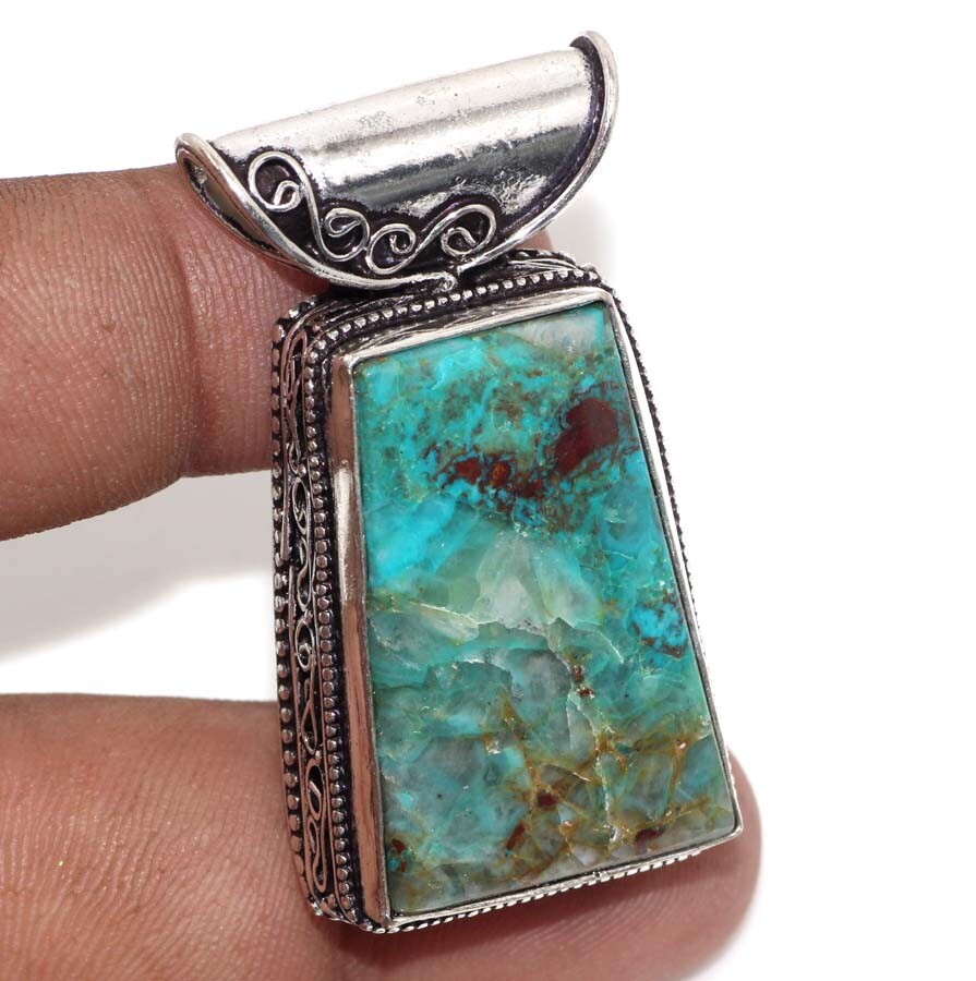 Chrysocolla 925 Silver Plated Vintage Pendant 1.7″ Ethnic Gift GW Chrysocolla 925 Silver Plated Vintage Pendant 1.7″ Ethnic Gift GW