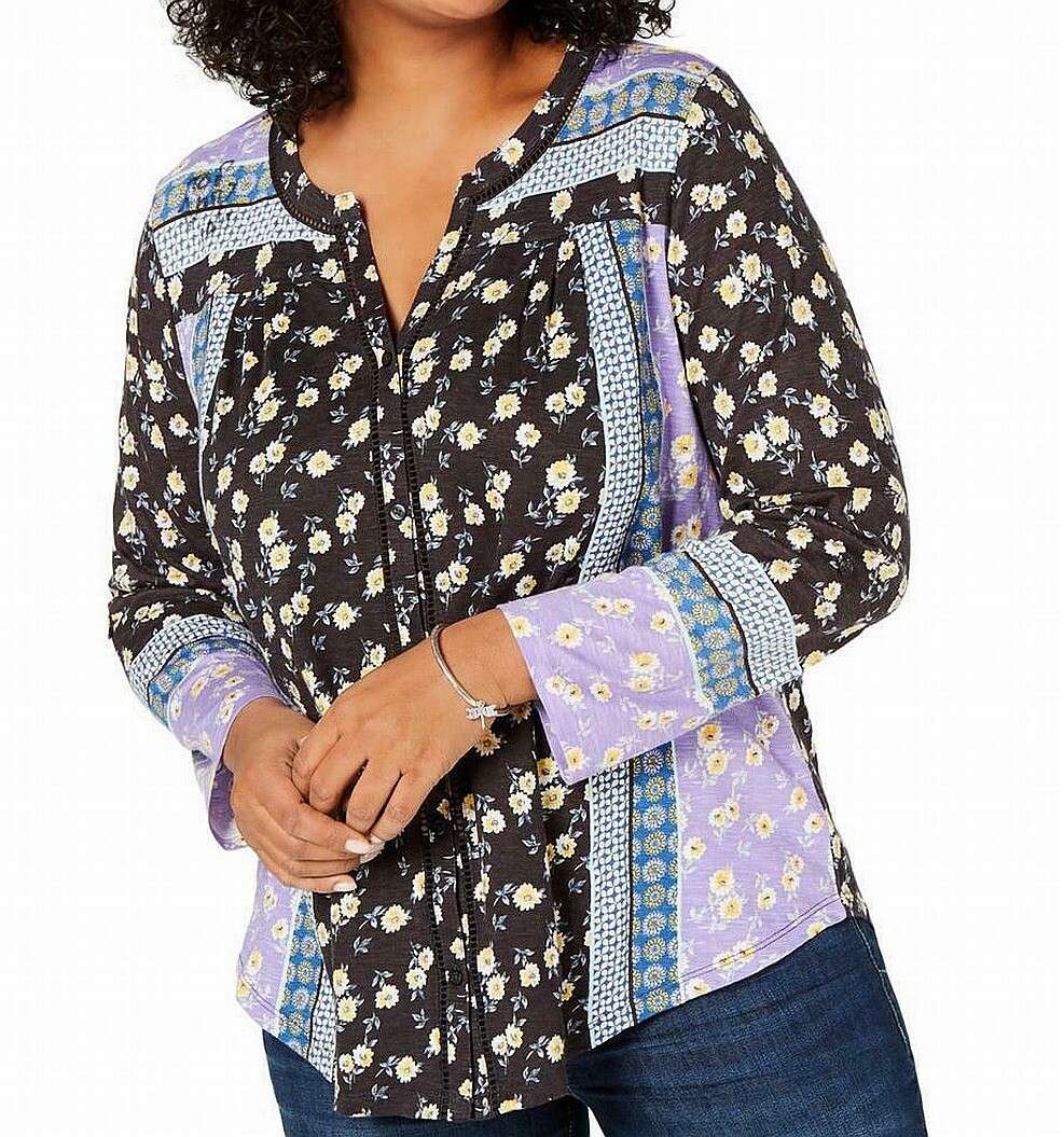 Style & Co. Women’s Top Black Size 2X Plus Patched Print Button Up $49 #161
