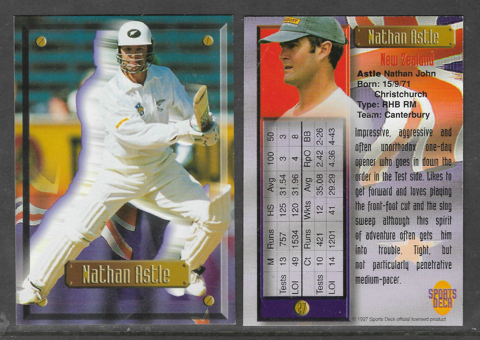 NATHAN ASTLE (New Zealand) 1997 South Africa SPORTS DECK CRICKET CARD #27 NATHAN ASTLE (New Zealand) 1997 South Africa SPORTS DECK CRICKET CARD #27
